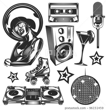 Set of disco elements for creating your own badges, logos, labels, posters etc. Isolated on white. Set of disco elements for creating your own badges, logos, labels, posters etc. Isolated on white. 96151459