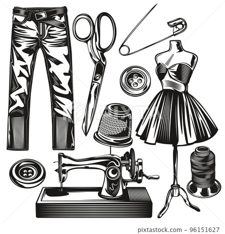 Set of sewing studio elements for creating your own badges, logos, labels, posters etc. Isolated on white. 96151627