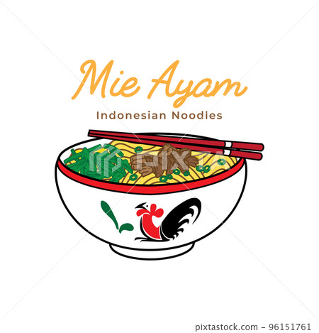 Mie ayam chicken noodles vector illustration on bowl and chopstick with vintage retro flat style. Indonesian chicken noodle soup. 96151761