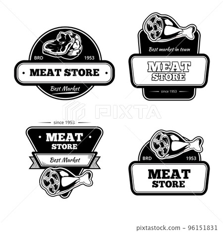 Retro butchery and meat store black badge, label, logo vector set 96151831