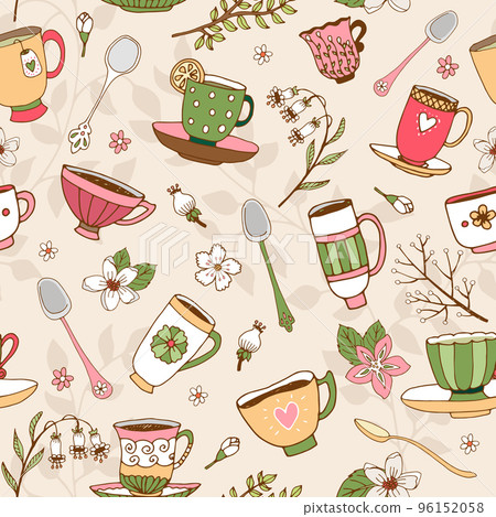 Seamless background of tea cups and spoons 96152058