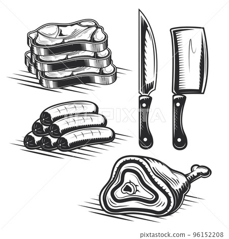 Set of butcher's elements for creating your own badges, logos, labels, posters etc. Isolated on white. Set of butcher's elements for creating your own badges, logos, labels, posters etc. Isolated on white. 96152208