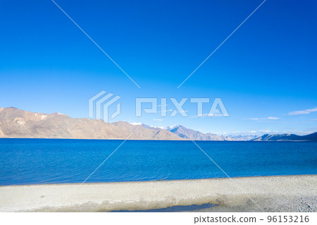 Aerial landscape of Pangong Lake  and mountains with clear blue sky, it's a highest saline water lake in Himalayas range, landmarks and popular for tourist attractions in Leh, Ladakh, India, Asia 96153216