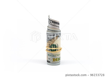 Rolled up one hundred dollar bills on white. Roll of U.S. paper currency. Rolled up one hundred dollar bills on white. Roll of U.S. paper currency. 96153728