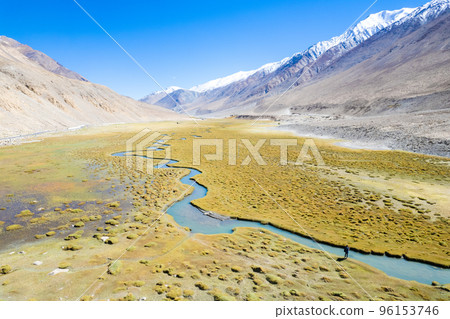 Landscape aerial view of mountains with river and green valley in Himalayas with blue sky in Nubra valley, Jammu and Kashmir, India. Landscape aerial view of mountains with river and green valley in Himalayas with blue sky in Nubra valley, Jammu and Kashmir, India. 96153746