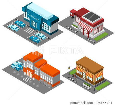 Supermarket stores buildings isometric icons set 96153784