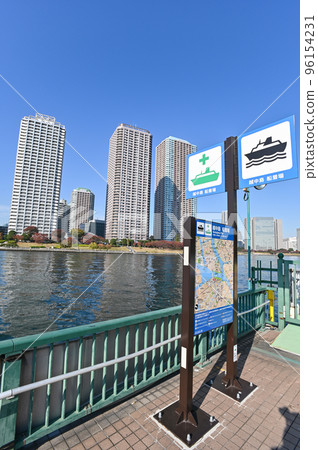 A view of the Sumida River waterfront from Etchujima Park in Tokyo A view of the Sumida River waterfront from Etchujima Park in Tokyo 96154231