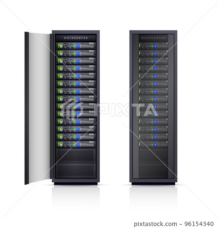 Two Black Server Racks Realistic Illustration Two Black Server Racks Realistic Illustration 96154340