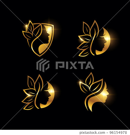 Golden Beauty Girl and Leaf Symbol Logo Sign 96154978
