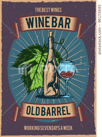 T-shirt or poster design with illustraion of a bottle of wine and a glass. 96155695