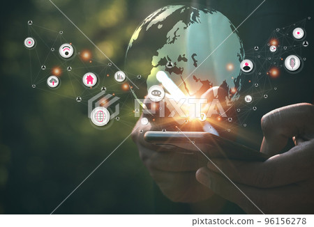 Hand use mobile phone and circle network communication technology for global.Data in the global computer social.telecommunication,earth cryptocurrency,Metaverse. Hand use mobile phone and circle network communication technology for global.Data in the global computer social.telecommunication,earth cryptocurrency,Metaverse. 96156278