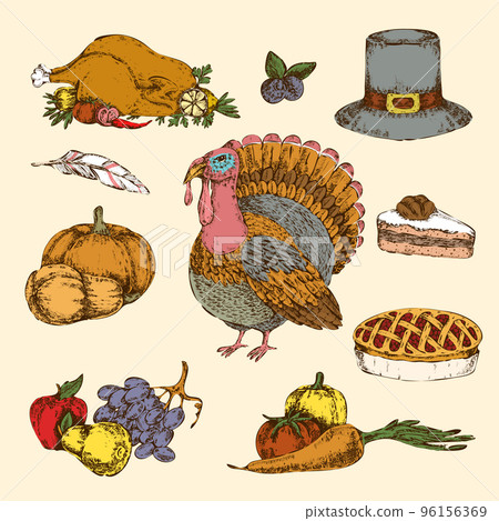 Thanksgiving Day Hand Drawn Colored Set - Stock Illustration [96156369 ...