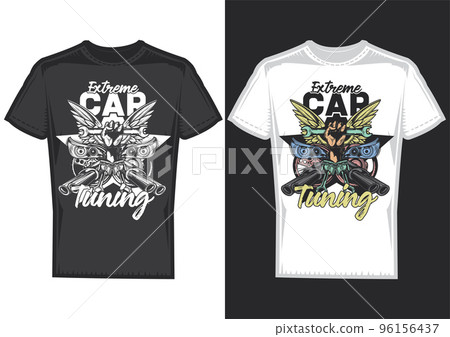 T-shirt design samples with illustration of car tuning on dusty background. 96156437