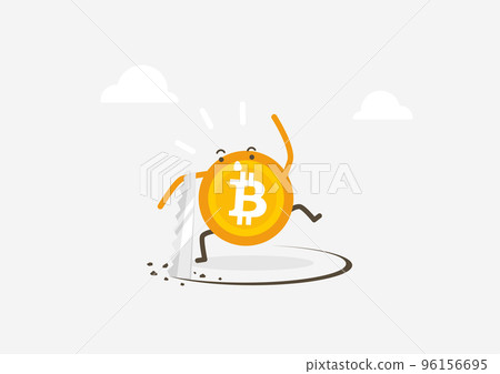Bitcoin with thief sawing the floor to make bitcoin collapse falling down. Cryptocurrency cartoon. 96156695