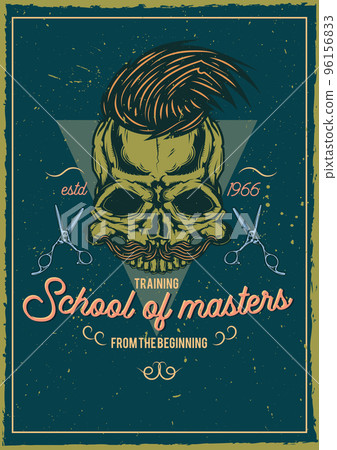T-shirt or poster design with illustraion of skull of barber. 96156833