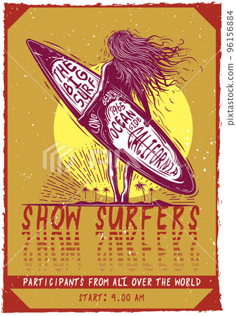 T-shirt or poster design with illustraion of a girl with surfboard. 96156884