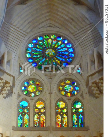 [Spain] Sagrada Familia Colorful stained glass on the façade of Passion (Barcelona) 96157011