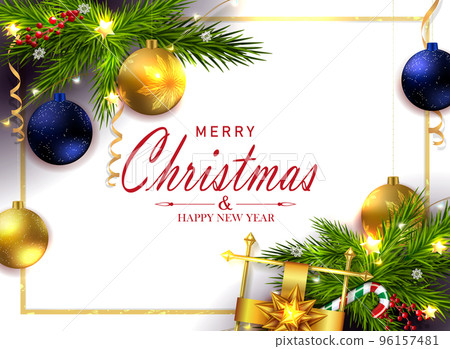 Greeting card with a golden frame, a wreath of fir branches with balls 96157481