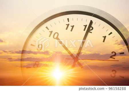 sunrise sky with clock face for begining day times concept sunrise sky with clock face for begining day times concept 96158288