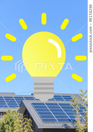 [Image of power generation] Residential roof with solar panels installed and clear blue sky 96158296