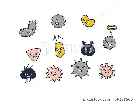 各種表情的可愛黃色細菌和病毒的插圖 各種表情的可愛黃色細菌和病毒的插圖 96158500