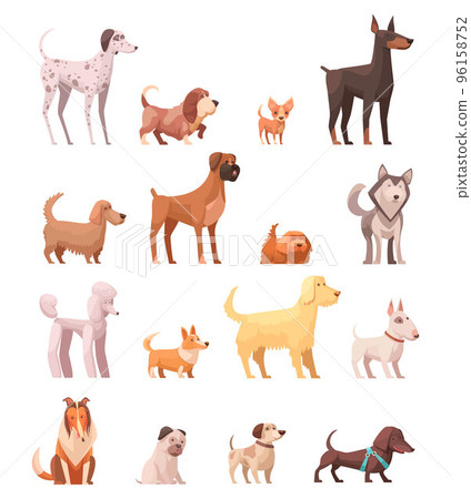 Dog Breeds Retro Cartoon Icons Collection 96158752