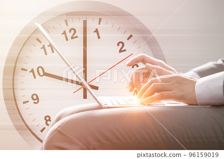 business work on time fast speed working concept. hand typing on laptop computer against times clock face for office hours morning. business work on time fast speed working concept. hand typing on laptop computer against times clock face for office hours morning. 96159019