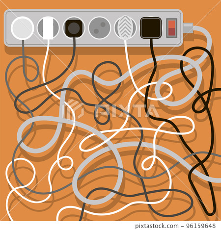Electrical wires and chargers on orange background. A mess of cables from several extension cords. Cable management Electrical wires and chargers on orange background. A mess of cables from several extension cords. Cable management 96159648