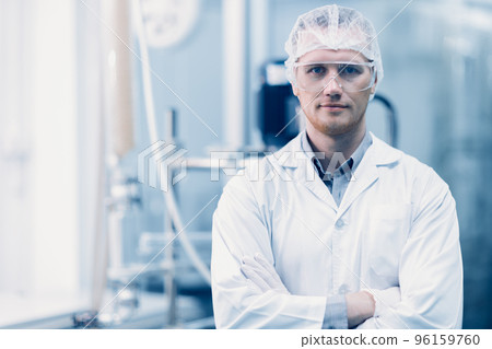 portrait male scientist worker in medicine factory research laboratory plant technician in hygiene workplace 96159760