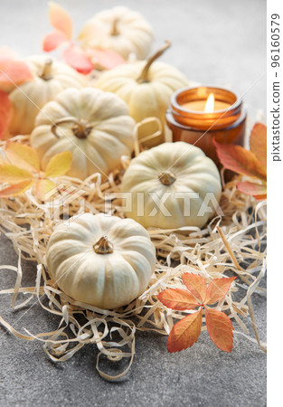 Autumn leaves and pumpkins over  grey concrete background 96160579