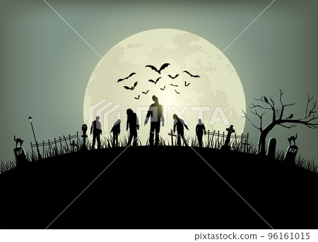 Halloween spooky night poster, Silhouette of zombies walking, Vector Illustration Halloween spooky night poster, Silhouette of zombies walking, Vector Illustration 96161015