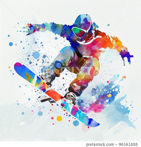 Jumping snowboarder. Watercolor illustration of a man on a snowboard. Snowboarding 96161888