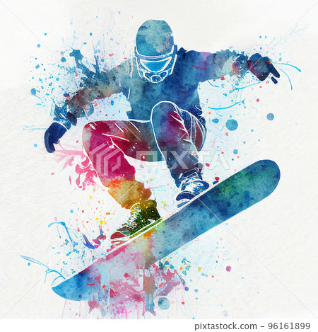 Jumping snowboarder. Watercolor illustration of a man on a snowboard. Snowboarding 96161899