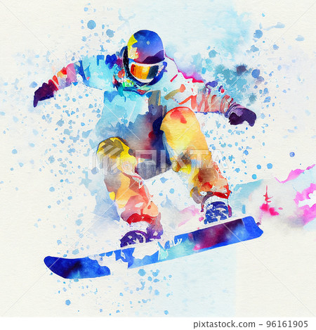Jumping snowboarder. Watercolor illustration of a man on a snowboard. Snowboarding 96161905