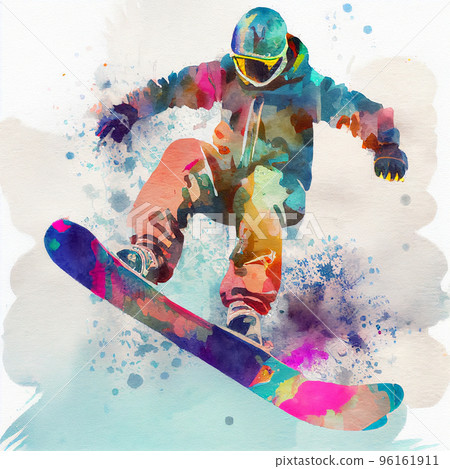 Jumping snowboarder. Watercolor illustration of a man on a snowboard. Snowboarding 96161911