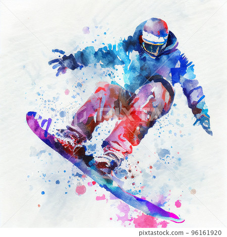 Jumping snowboarder. Watercolor illustration of a man on a snowboard. Snowboarding 96161920