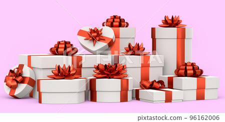 Gift boxes with ribbon and bow isolated on pink background. greeting design Gift boxes with ribbon and bow isolated on pink background. greeting design 96162006