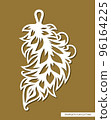 Hanging decoration - feather pendant. Carved decorative element in the shape of a leaf for costume jewelry. Template for plotter laser cutting of paper, wood, metal engraving, cnc. Vector illustration 96164225