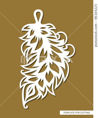 Hanging decoration - feather pendant. Carved decorative element in the shape of a leaf for costume jewelry. Template for plotter laser cutting of paper, wood, metal engraving, cnc. Vector illustration 96164225