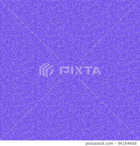 Abstract seamless pattern with geometric rounded ornament. Thin white lines, circles, chaotic waves, loops, curls on bright violet background. Texture design for wallpaper, fabric, wrapping paper.  96164608