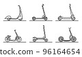 Set of flat design images of kick scooters drawn in art line style. 96164654