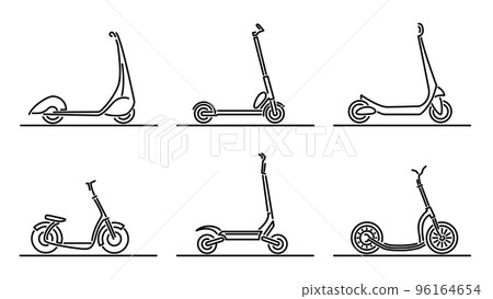 Set of flat design images of kick scooters drawn in art line style. 96164654