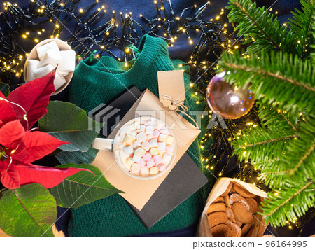 Mug of hot chocolate with marshmallows winter festive background 96164995
