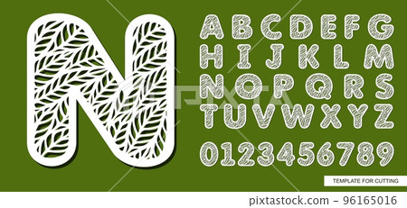 Letter N made of leaves. Eco font for spring, summer, autumn. Theme of plants, nature. White symbol on green background. Template for printing, plotter laser cutting of paper, cnc. Vector illustration 96165016