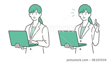 拿著個人電腦解釋的女性插圖 96165039