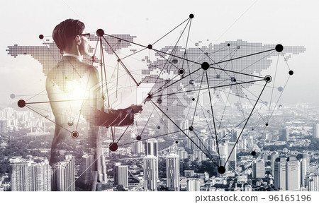 Concept of business success and control with confident boss against cityscape background Concept of business success and control with confident boss against cityscape background 96165196