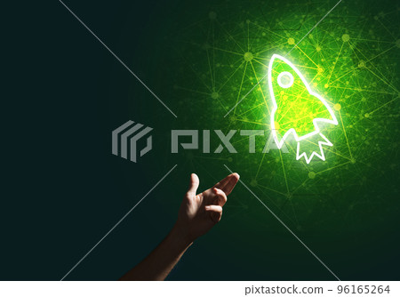 Man palm presenting Rocket web icon as technology concept 96165264