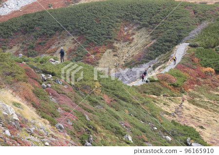 Alpinist walking on a mountain trail 96165910