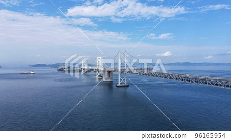 Aerial photograph by drone of the blue sky and the whole view of the Seto Ohashi Bridge 96165954
