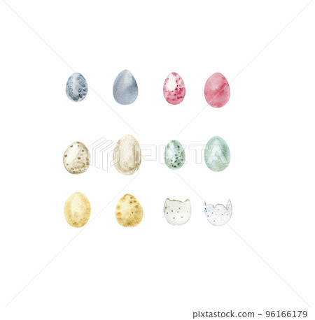Hand drawn watercolor Easter eggs set . Different egg color. It's perfect for greeting cards, wedding invitation, birthday and Easter, Spring cards. Watercolor botanical illustration isolated Hand drawn watercolor Easter eggs set . Different egg color. It's perfect for greeting cards, wedding invitation, birthday and Easter, Spring cards. Watercolor botanical illustration isolated 96166179